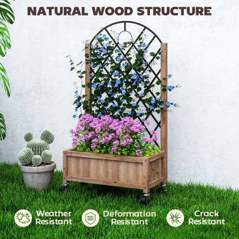 Outsunny Raised Garden Bed with Metal Trellis, Wooden Elevated Planter Box with Wheels and Drainage Holes, Outdoor Raised Planter for Climbing Plants, Fruits, Vegetables, Flowers, Brown
