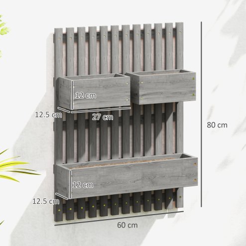 Outsunny Wall-mounted Wooden Garden Planters with Trellis, Drainage Holes and 3 Movable Planter Boxes, Wall Raised Garden Bed for Patio, Grey