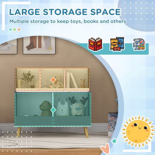 HOMCOM Kids Storage Shelf, 2-Tier Kids Book Shelf with 5 Compartments, Anti-Tip Device, Pine Wood Legs, for Nursery, Playroom, Classroom - Grey