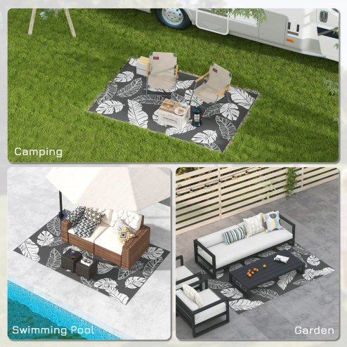 Outsunny Reversible Outdoor Rug with Carry Bag, Waterproof Plastic Straw Mat for Garden, Deck, RV, Picnic, Beach, Camping, 182 x 274cm, Grey and White