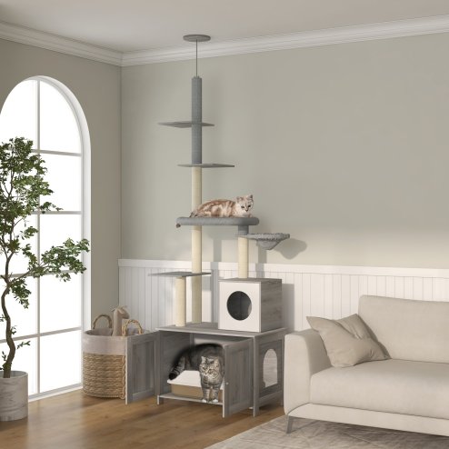 PawHut Cat Tree with Hidden Litter Box, 2-in-1 Floor-to-Ceiling Cat Litter Box Furniture with Cat House, Bed, Hammock, Scratching Posts and Platforms for Indoor Use - Grey