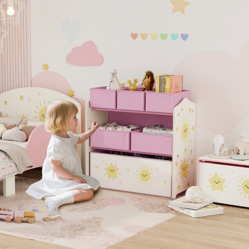AIYAPLAY Kids Toy Storage Units, 3-Tier Toy Organiser Shelf with 6 Removable Fabric Boxes for Kids, Boys, Girls, Bedroom, Playroom, Nursery, Pink