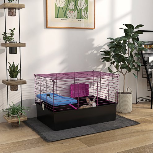 PawHut Guinea Pig Cage Chinchillas Rabbit Small Animal Cage with Ramp, Dish, Water Bottle, 71 x 46 x 47cm, Black