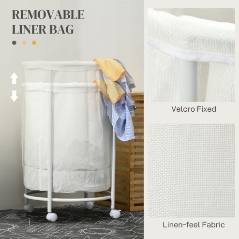 HOMCOM 100L Rolling Laundry Basket on Wheels, 50cm Round Laundry Hamper with Removable Bag and Steel Frame for Bedroom, Bathroom, Laundry Room, Cream White