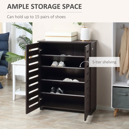 HOMCOM Narrow Shoe Cabinet for Entryway, 5-Tier Slim Shoe Storage Cabinet with 2 Slatted Doors and Adjustable Shelves for 15 Pairs, Dark Brown