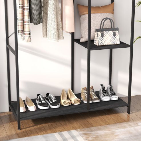 HOMCOM Coat Rack with Shoe Storage, 170cm Free Standing Hall Tree with Hanging Rail and Storage Shelves, 2-In-1 Coat Stand for Hallway, Entryway, Bedroom, Black
