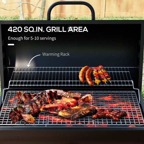 Outsunny Charcoal Barbecue Grill, Portable Barrel BBQ Trolley Smoker with Wheels, Ash Catcher and Thermometer for Outdoor Garden Party Cooking, Black