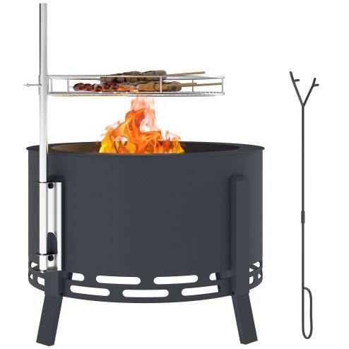 Outsunny Portable Fire Pit, 58 cm Round Firepit with Grill Grate, Fire Bowl with Ash Catcher and Poker, Fire Pit BBQ for Garden Camping Bonfire Picnic, Black