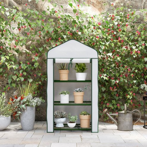 Outsunny 3 Tier Mini Greenhouse with Reinforced PE Cover, Portable Indoor Outdoor Greenhouse with Roll-up Door and Wire Shelves, 127H x 59W x 39D cm, White