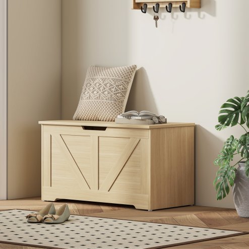 HOMCOM 100L Storage Chest, Storage Trunk with 2 Safety Hinges and U-shaped Cut-out Pull, Organiser Box for Living Room, Entryway, 80 x 40 x 45 cm, Natural Wood Finish