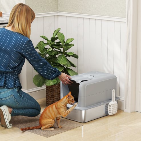 PawHut Stainless Steel Cat Litter Box, Extra Large Metal Cat Litter Tray with Lid, Scoop, Filter Bags, Grey