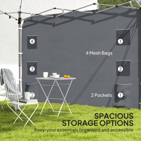 Outsunny Gazebo Side Panel, Canopy Sidewall Panel with 4 Mesh Bags and 2 Storage Pockets for 3 x 3 m Straight Leg Pop Up Gazebos, 1 Pack Sidewall Only, Grey