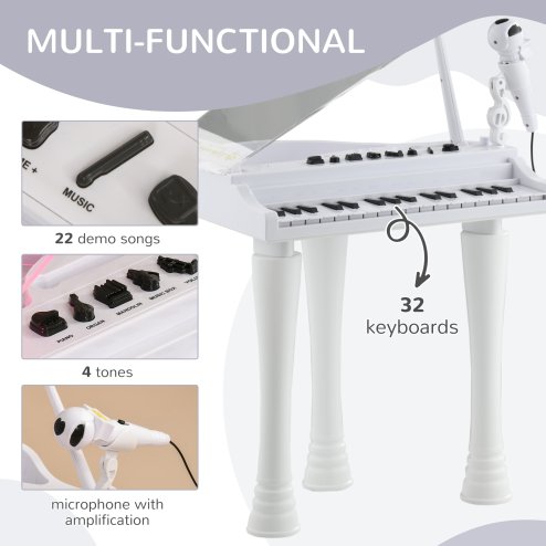 AIYAPLAY 32 Keys Kids Piano Keyboard with Stool, Lights, Microphone, Multiple Sounds, Removable Legs, Electronic Musical Instrument for Boys Girls, White
