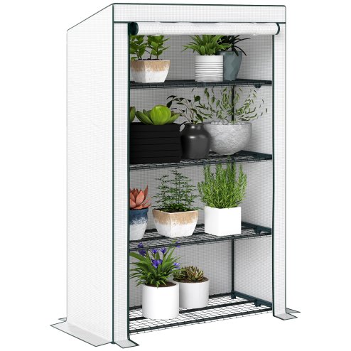 Outsunny 4 Tier Lean-to Mini Greenhouse with Reinforced PE Cover, Portable Small Greenhouse with Roll-Up Door, Green Hemmed Edging, 110 x 50 x 171cm, Green