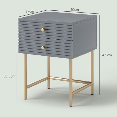 HOMCOM Bedside Tables Set of 2, Bedside Cabinet with 2 Drawers, Gold Steel Legs, Modern Side Table with Striped Panel for Bedroom, Living Room, Grey