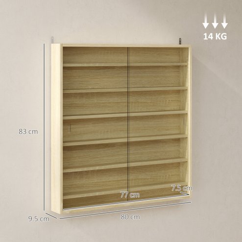 HOMCOM 7-Tier Wall Mounted Display Cabinet, Display Case with 6 Adjustable Shelves, Glass Doors for Home Office Ornaments 83x80cm, Oak