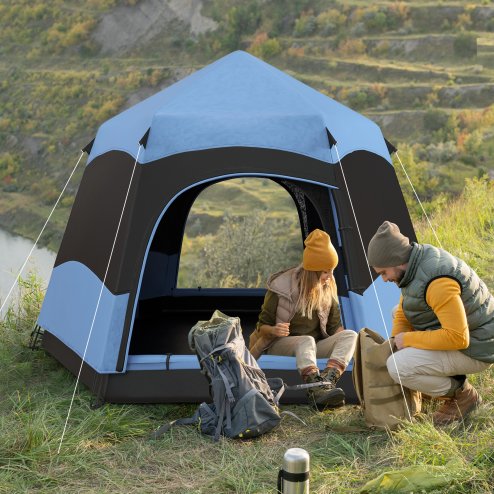 Outsunny Double Layer Pop Up Tent with Rainfly, Hexagon 4 Man Dome Tent, Portable Camping Shelter with Sewn-in Groundsheet and Carry Bag, for Festival Backpacking Road Trips, Blue