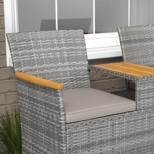 Outsunny 2 Seat Rattan Garden Bench, Patio Wicker Chair with Acacia Wood Top Middle Table, Outdoor PE Rattan Love Seat with Padded Cushions, Decorative Handrails, Grey
