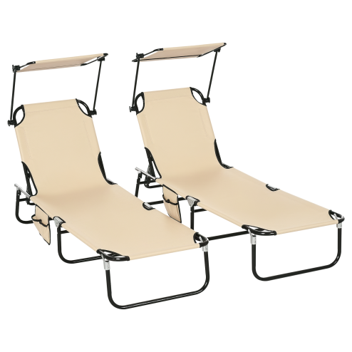 Outsunny 2 Piece Folding Sun Loungers with Canopy, Adjustable Recliner Garden Chairs with Side Pocket, Steel Frame and Breathable Mesh for Outdoor, Pool, Beach, Garden, Tan Brown