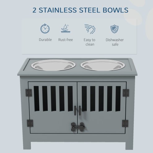 PawHut Raised Dog Bowls for Large Dogs, Pet Feeding Station, Doors with Latch, Storage Cabinet, Two Stainless Steel Bowls - Grey