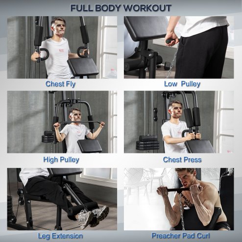 HOMCOM Multi Gym with Weights, Multifunction Home Gym Machine with 45kg Weight Stack, for Lat Pulldown, Leg Extensions, Preacher Bicep Curls, Triceps Pulldowns, Chest Press, Strength Training