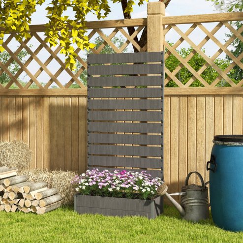 Outsunny Garden Planter with Trellis for Climbing Plants, Vines, Flowers, Freestanding Raised Bed for Garden, Outdoor, Patio, Planter Box with Drainage Gap, Dark Grey