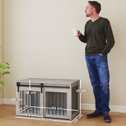 PawHut Dog Crate Furniture, Dog House Furniture Style for Large Breeds, Pet Kennel with Removable Cushion for Indoor Use, 98 x 58 x 61cm, Grey