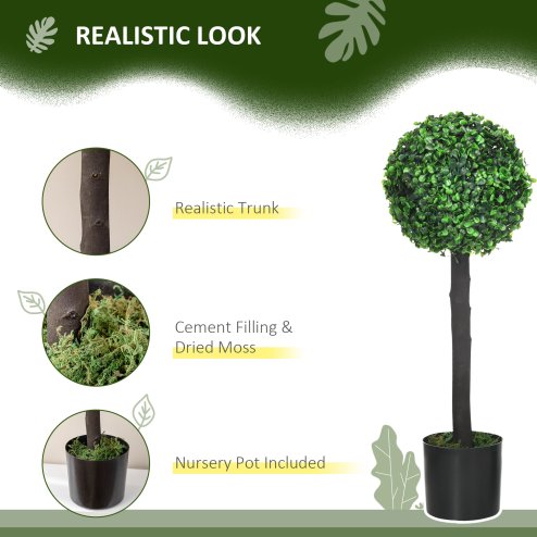 HOMCOM Set of 2 Decorative Artificial Plants Boxwood Ball Trees in Pot Fake Plants for Home Indoor Outdoor Decor, 60cm