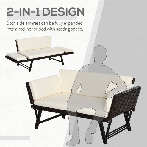 Outsunny Rattan Garden Sofa Bed with Adjustable Armrests, 2-in-1 Convertible Couch Garden Daybed Lounger, Outdoor Folding Chaise Lounge Loveseat with Cushions for Porch, Patio, Brown