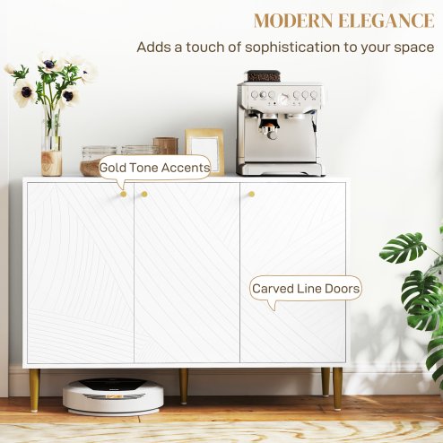 HOMCOM Sideboard, Modern Storage Cabinet with Carved Line Doors, Cupboard and Adjustable Shelves for Living Room, Dining Room, Hallway, White