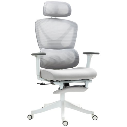 HOMCOM Ergonomic Office Chair, Mesh Desk Chair with 3D Armrests, Rotatable Headrest, Adjustable Lumbar Support, Coat Hanger, Footrest for Home Office, Grey