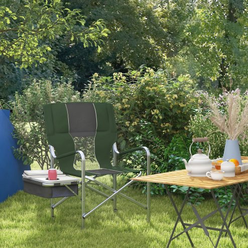 Outsunny Aluminium Directors Chair, Folding Camping Chair for Adults with Side Table, Cup Holder, Cooler Bag and Pocket, Up to 120 kg, Green
