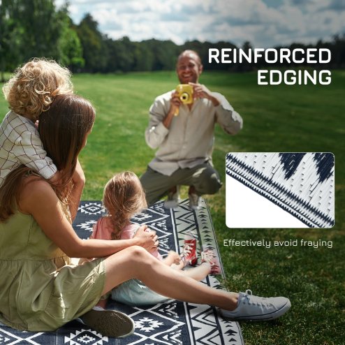 Outsunny Reversible Outdoor Rug with Carry Bag, Waterproof Plastic Straw Mat for Garden, Deck, RV, Picnic, Beach, Camping, 182 x 274cm, Dark Blue and White