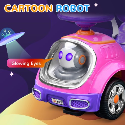 AIYAPLAY 3 in 1 Ride on Push Car, Cartoon Robot Theme Foot to Floor Slider, Baby Push Along Car with Parent Handle, Light Music Horn, Underneath Storage, for Boys Girls 12-36 Months - Pink