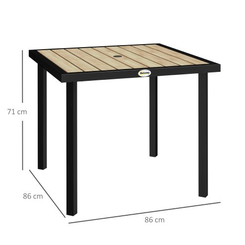 Outsunny Garden Table for 4 Person, Square 86 x 86 x 71cm Patio Outdoor Dining Table with 5.4cm Parasol Hole, Easy Clean Slatted Top, Metal Frame, for Balcony, Deck, Brown