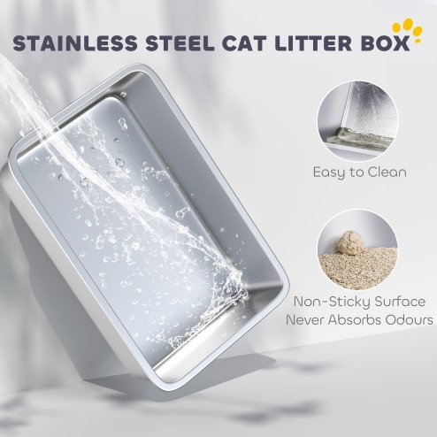 PawHut Stainless Steel Litter Box, High Sided Cat Litter Tray with Metal Scoop, Mat, Never Absorbs Odors, Anti Leakage & Easy to Clean, Pet Toilet for Big Cats, Grey