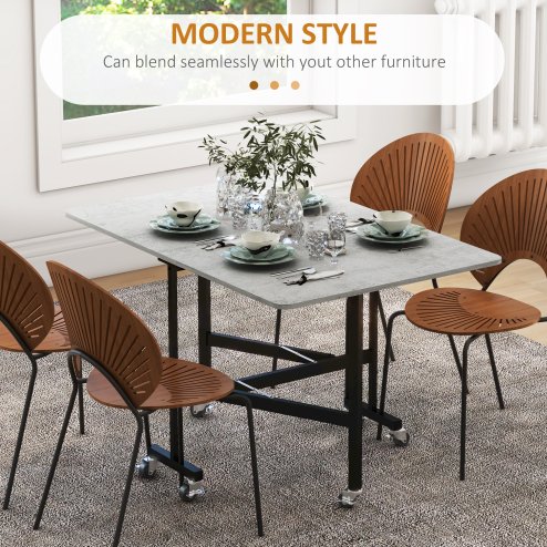 HOMCOM Mobile Drop Leaf Table, Folding Dining Table with 6 Wheels & Brakes, Kitchen Table for Small Spaces, Grey Marble Effect
