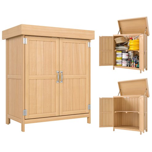 Outsunny Small Shed, Wooden Garden Shed with Openable Hinged Roof and Removable Shelf, Outdoor Tool Storage Cabinet Chest with Double Doors, 74 x 43 x 88 cm, Natural Wood Finish
