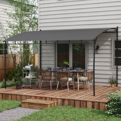 Outsunny 3 x 4m Pergola, Lean to Garden Gazebo with UV-Resistant Canopy and Metal Frame, Outdoor Sun Shade Shelter for Porch, Patio, Deck, Grey