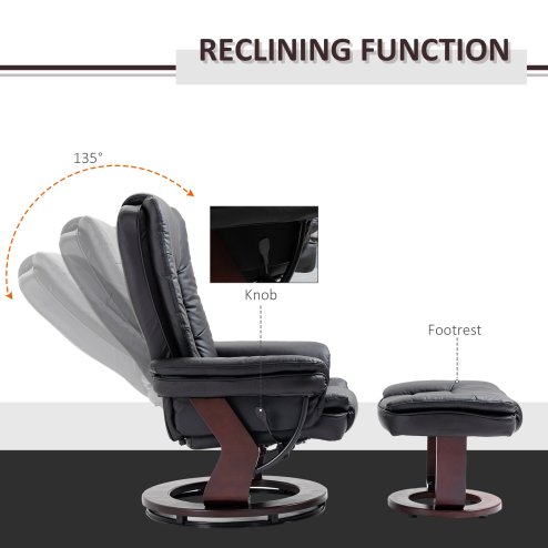 HOMCOM Recliner Chair With footstool, Recliner Armchair up to 130kg Weight Capacity, 135 Reclining Swivel Sofa Chair, PU Leather Ergonomic Couch Bed with Swivel Wood Base for Living Room, Black