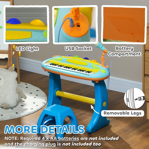 AIYAPLAY Kids Piano, 37 Keys Electronic Keyboard, Children Grand Piano with Microphone, Stool, LED Light, Record & Play Function, Musical Instrument for Kids Ages 3-6 Years, Blue