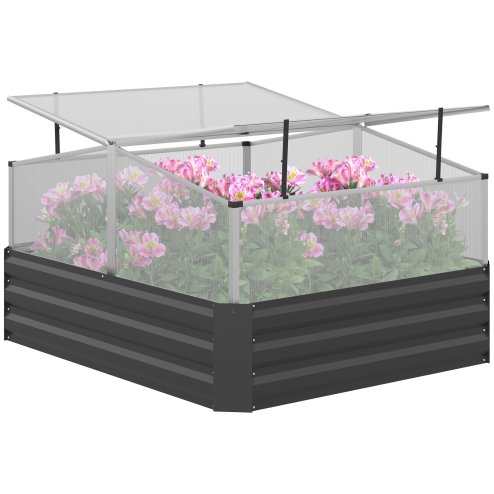Outsunny Galvanised Raised Garden Bed with Greenhouse and Openable Cover, Metal Outdoor Planters for Vegetables, Flowers and Herbs, for Patio and Garden, 126 x 107 x 67.5cm, Dark Grey