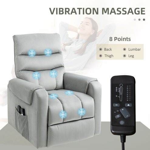 HOMCOM Recliner Electric Power Lift Chair for Elderly with 8 Vibration Massage Points, Upholstered Reclining Chair with Remote Controls, Side Pockets, Grey