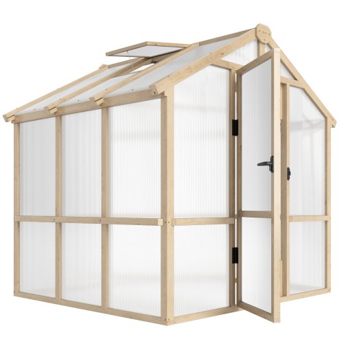 Outsunny 6.6 x 6ft Polycarbonate Greenhouse, Walk-in Wooden Greenhouse with Lockable Door and Window, Garden Plants Grow House, Brown