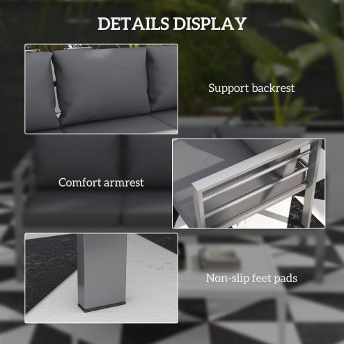 Outsunny Garden Bench with Cushions, 3-Seater Sofa, Aluminium Frame Outdoor Furniture with Backrest, Armrest and Back Cushions, 185 x 66 x 64cm, Grey