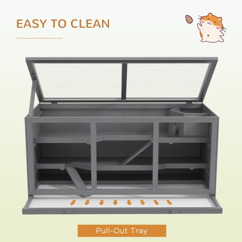 PawHut Wooden Hamster Cage, Small Animals Hutch with Tray, Openable Top, Exercise Run, Grey