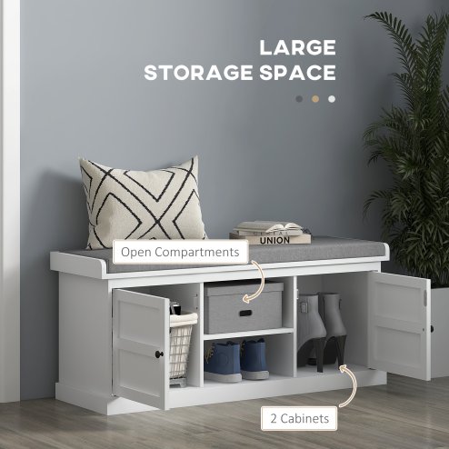 HOMCOM Shoe Bench with Seat, Shoe Storage Bench with Cushion, 2 Cabinets and Adjustable Shelf for Entryway, Hallway, Living Room, Bedroom, White