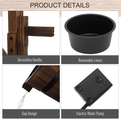 Outsunny Wooden Garden Wishing Well Fountain Barrel Waterfall Rustic Wood with Pump Garden D??cor Ornament