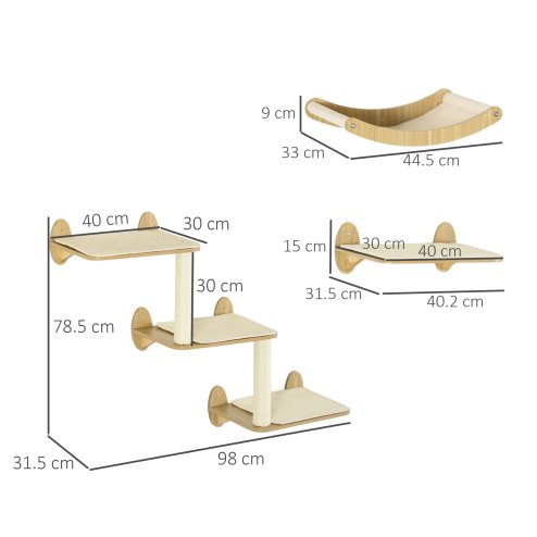 PawHut 3PCs Wall Mounted Cat Tree Cats Shelves, Climbing Shelf Set, Kitten Activity Center with Jumping Platforms Hammock Scratching Post, Oak