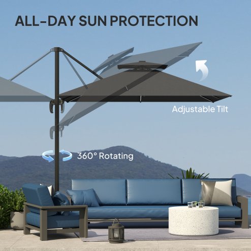 Outsunny 2.5m Cantilever Parasol with Solar Powered LED Lights, Double Top Square Overhanging Garden Parasol with 360 Rotation, Tilt Adjustment, Crank Handle, Dark Grey